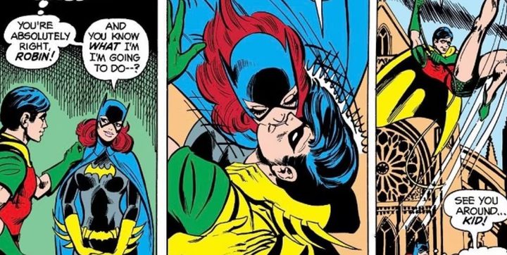 Batgirl kisses Robin in a DC comic book.