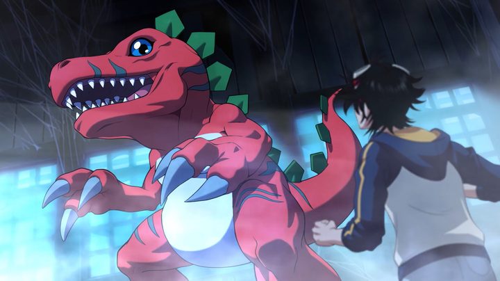 A big red digimon in a school.