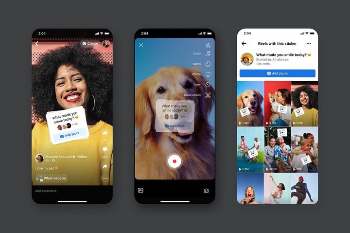 A series of three mobile screenshots on a gray background showing the new Add Yours sticker for Facebook Reels.