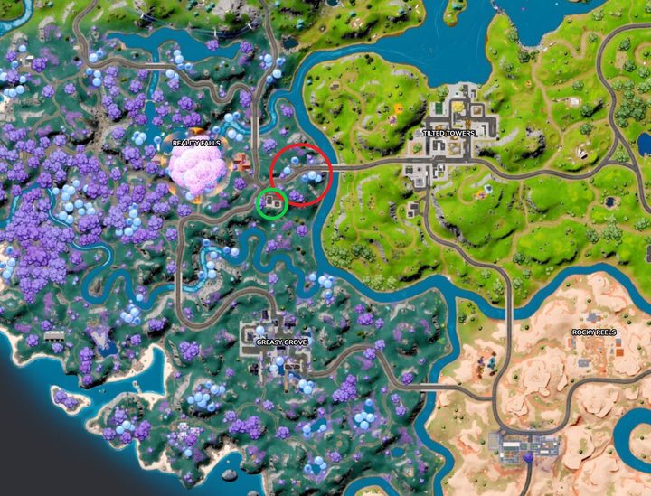 Map of mushrooms and gas station in Fortnite.