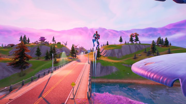 Character bouncing from Bouncy Slurpshroom in Fortnite.