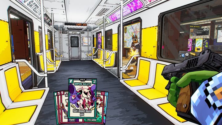 A player prepares to shoot at an opponent coming on the train in Friends vs. Friends.