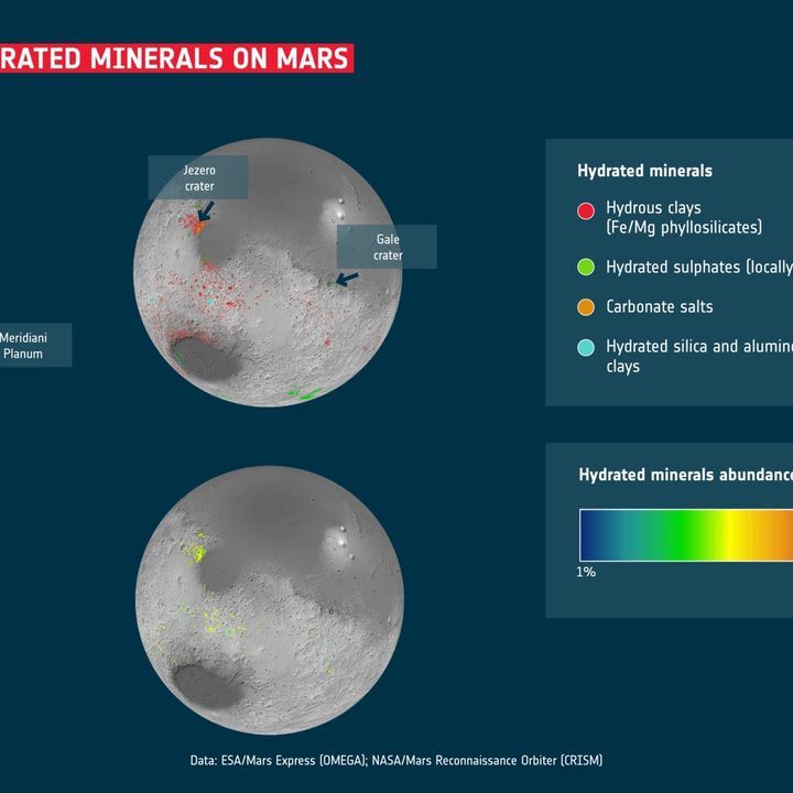 Detailed global map of hydrated mineral deposits on Mars.