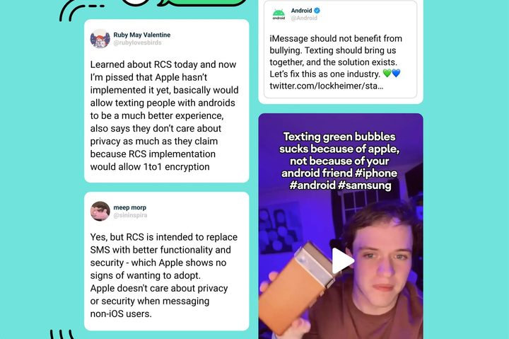Illustration of Tweets and TikTok's upset with Apple for not adopting RCS.
