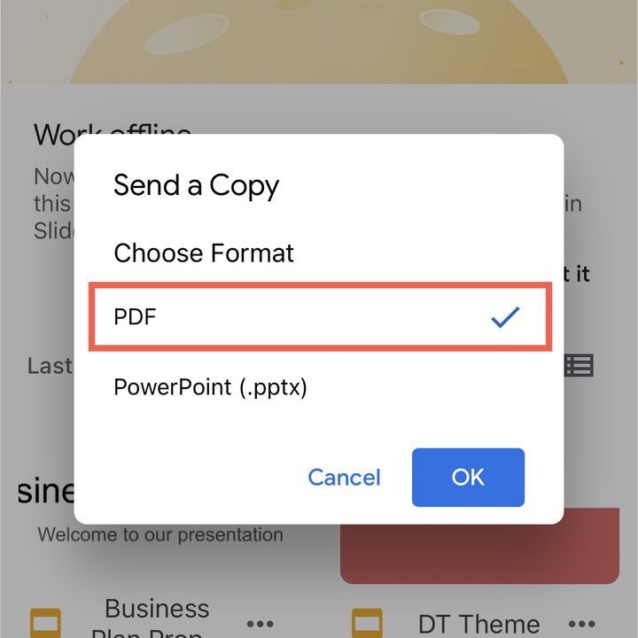 PDF option for sending a Google Slides copy.
