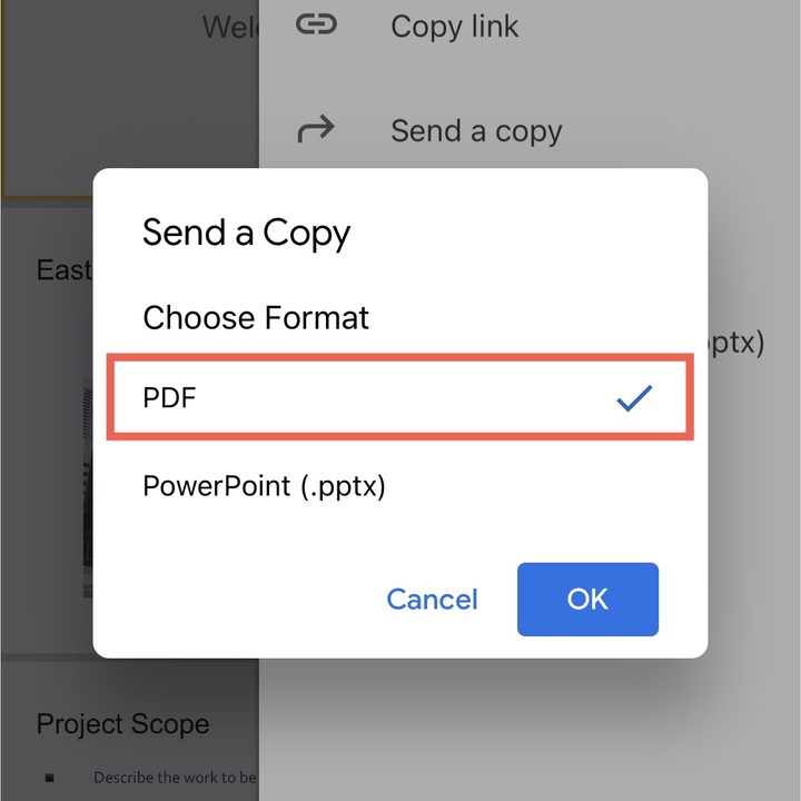 PDF option for sending a Google Slides copy.