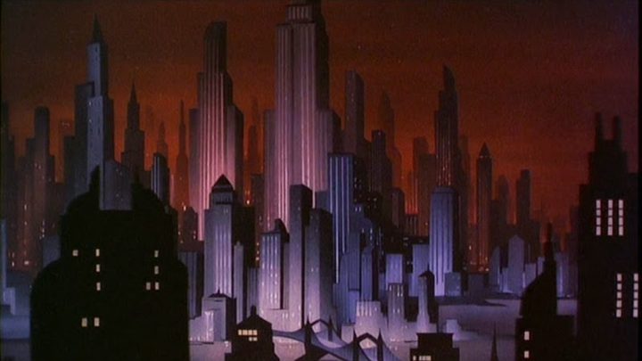 Art of Gotham City by night in Batman: Mask of the Phantasm.