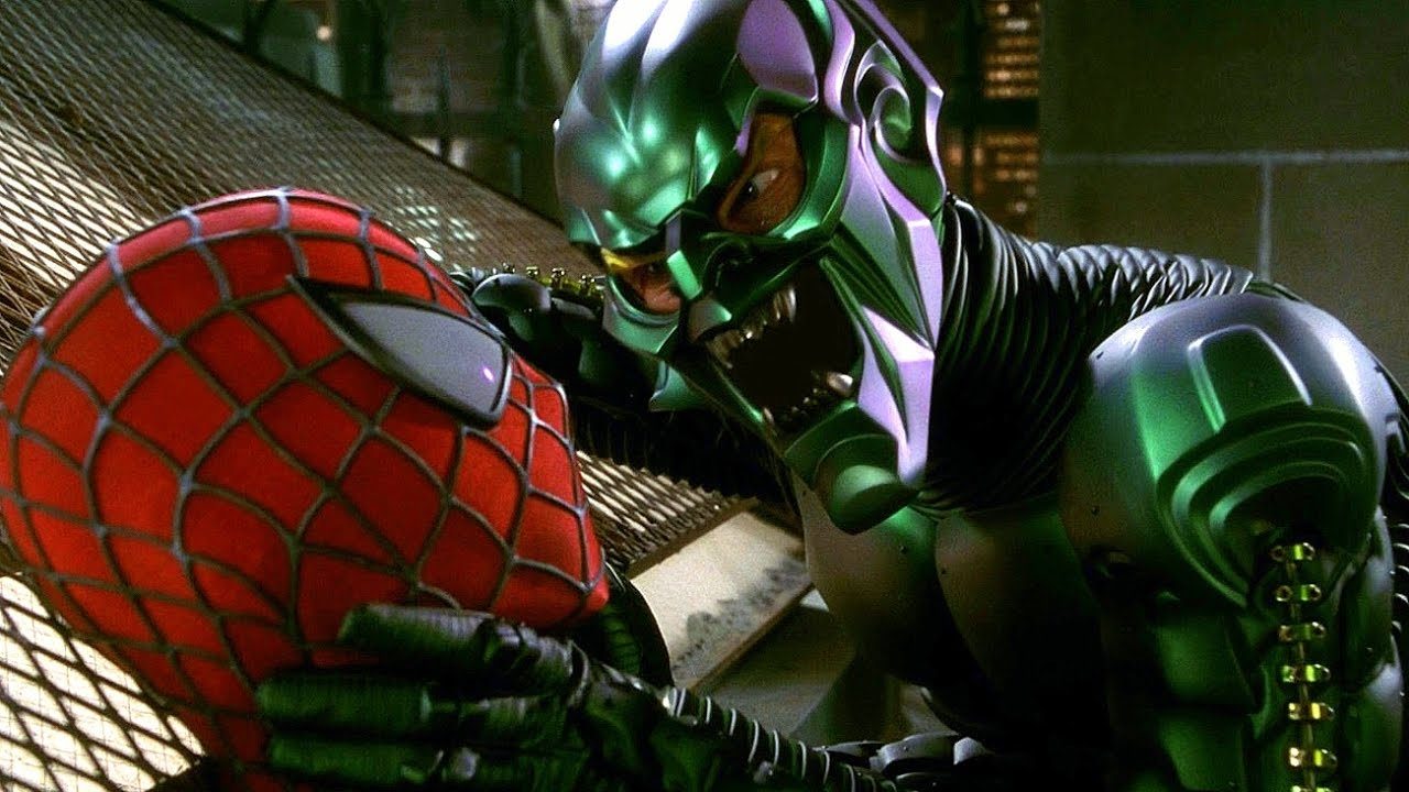Green Goblin choking Spider-Man.