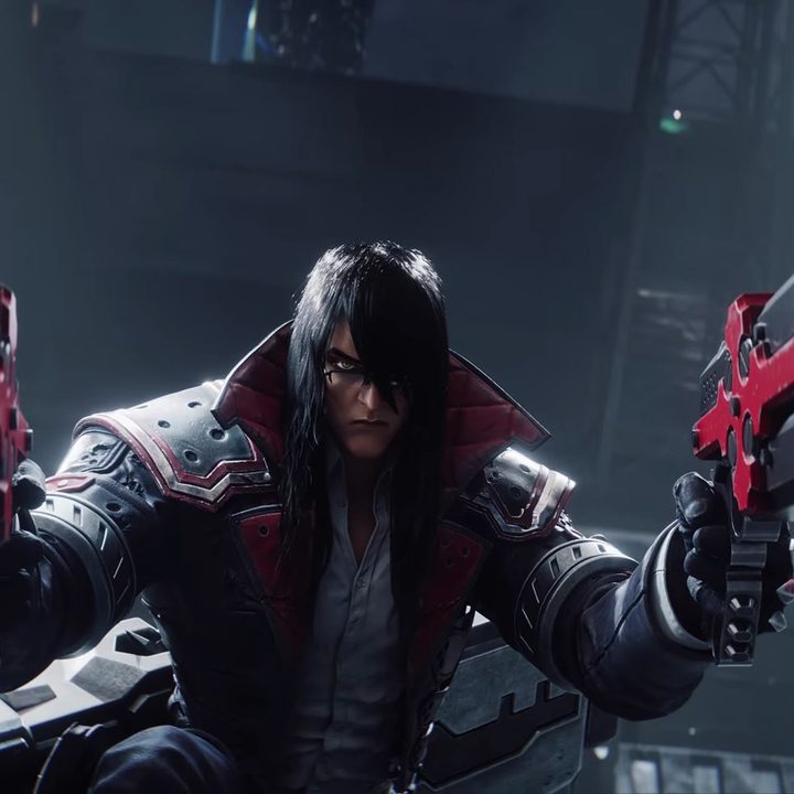 Gungrave G.O.R.E.'s main character points his pistols at enemies.