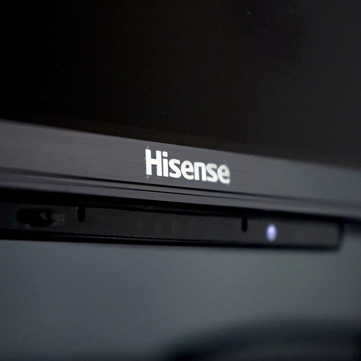 Close up of the brand name on the Hisense U8H 4K mini-LED TV.