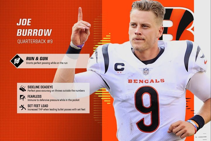 Joe Burrow poses next to his abilities in Madden 23.