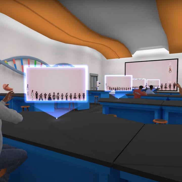 Multiple students can attend metaversity courses and interact with each other and professors.
