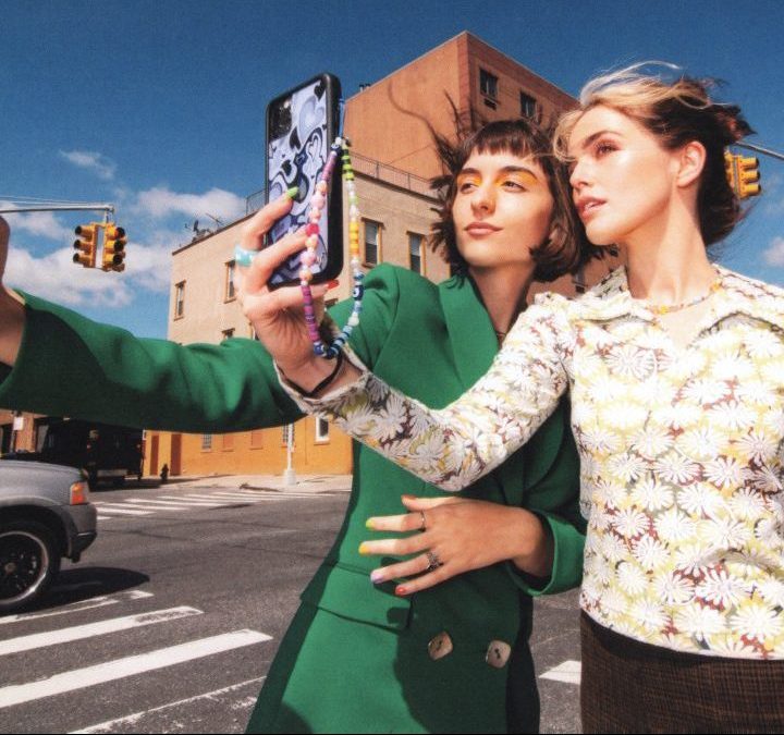 Quinn Shephard and Zoey Deutch pose for a selfie in NYC for Not Okay.