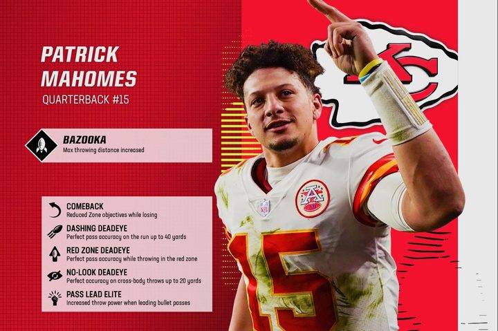 Patrick Mahomes poses next to his abilities in Madden 23.