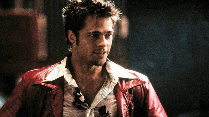 Brad Pitt wearing red leather jacket in Fight Club
