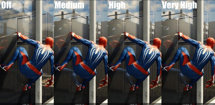 Ray tracing comparison in Marvel's Spider-Man.