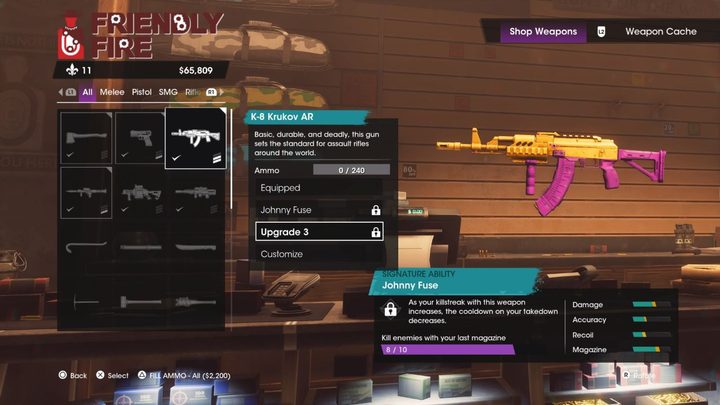 A player navigating the weapon upgrade menu at Friendly Fire.