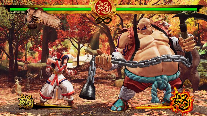 Nakoruru and Earthquake prepare to fight each other in Samurai Shodown.