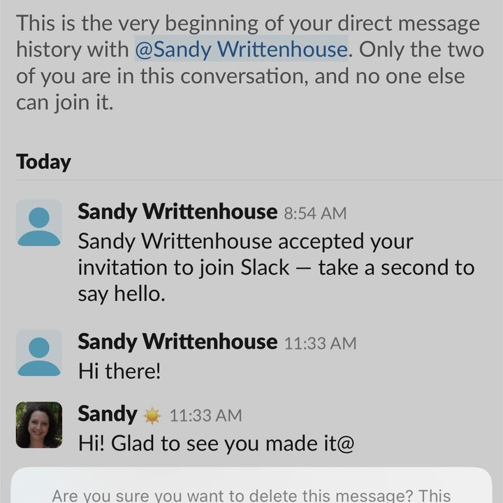 Delete message confirmation in the Slack mobile app.