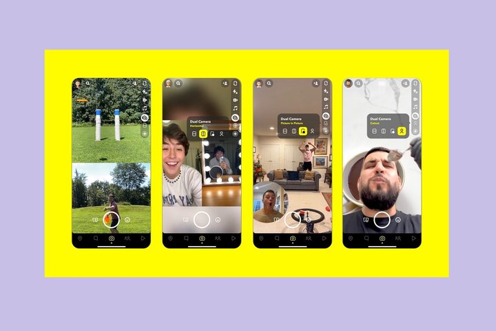 A series of four mobile screenshots showing Snapchat's new Dual Camera feature in action.