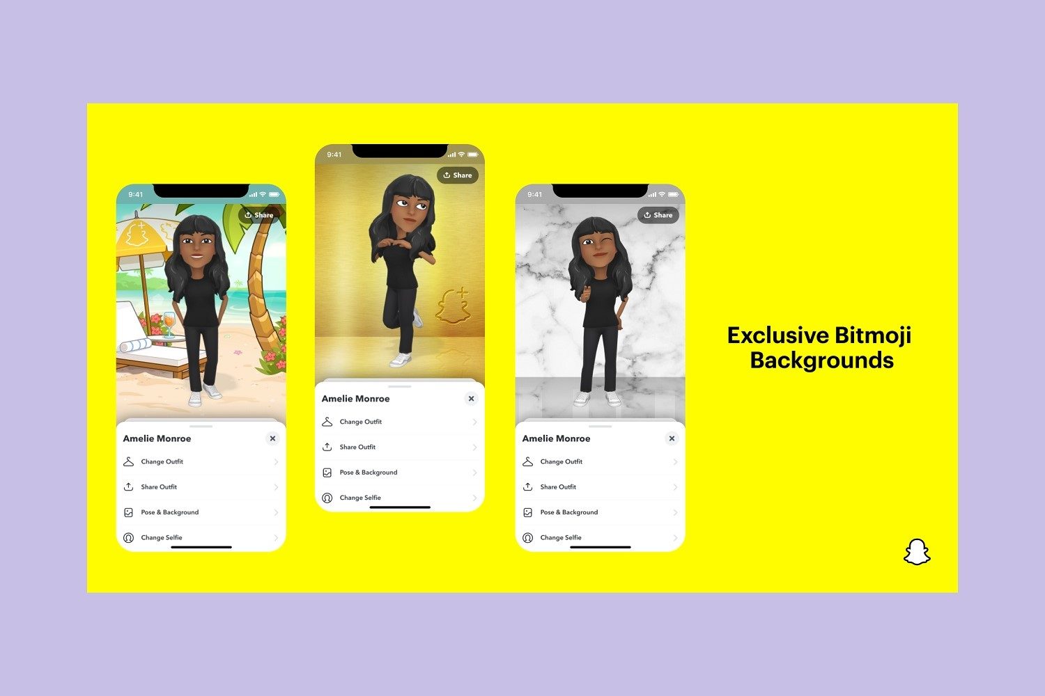 Collection of three new Bitmoji backgrounds that are exclusive to Snapchat Plus.