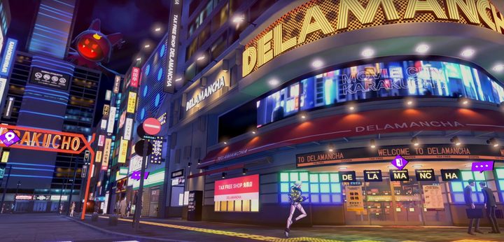 Ringo exploring a bright city in Soul Hackers 2.