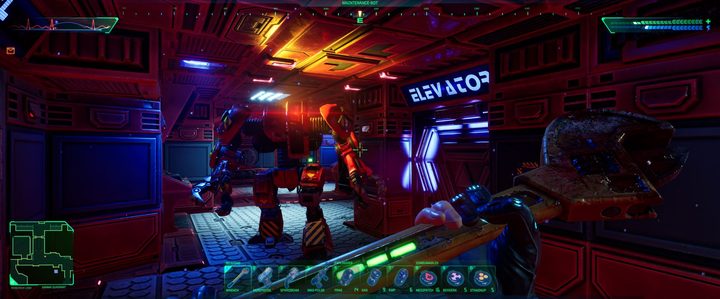 A System Shock remake player prepares to attack an enemy.