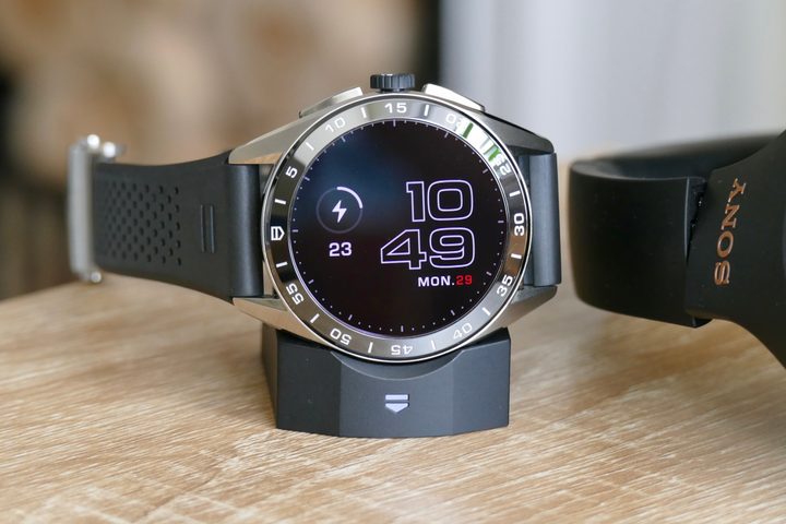 The Tag Heuer Connected Calbre E4 45mm on its charging stand.