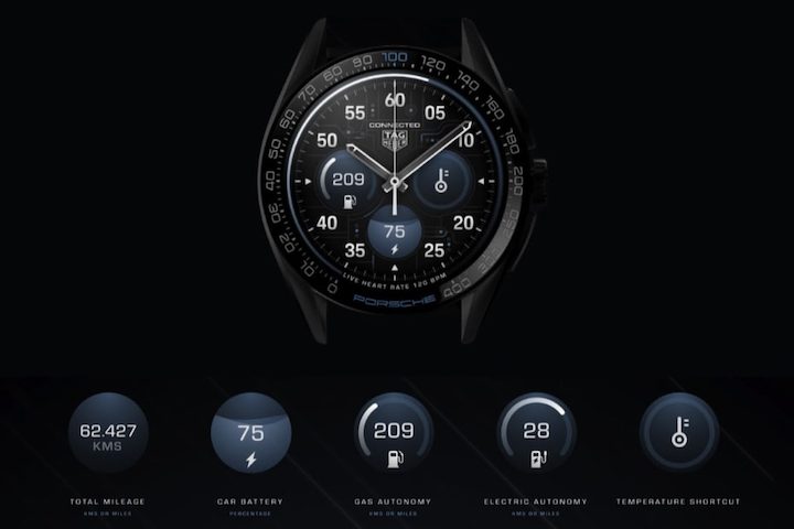 The Porsche car complications available on the Tag Heuer Connected Calibre E4 Porsche Edition.