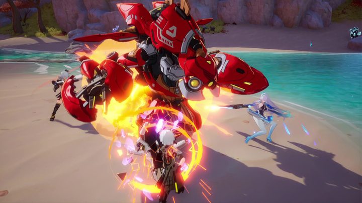 Players fighting a big red robot.