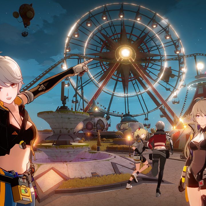 A white-haired woman pointing at a ferris wheel.
