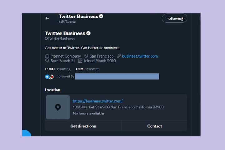 The Twitter Business twitter account's profile page with its Location Spotlight.