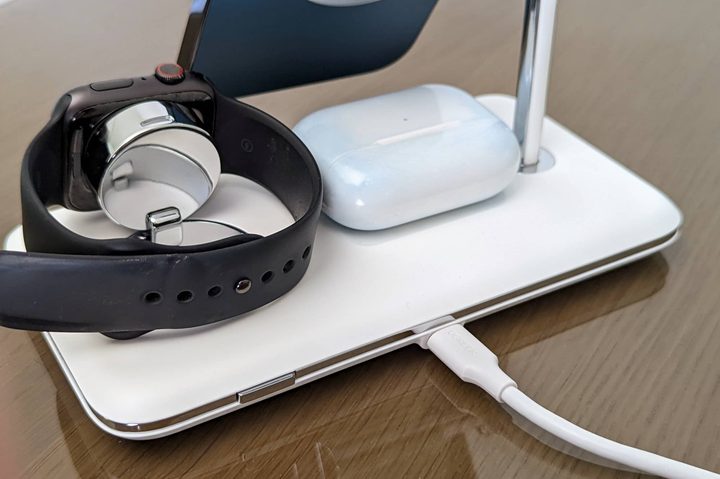 Rear view of Ugreen 3-in-1 MagSafe charging stand with AirPods Pro, Apple Watch, and iPhone 12 Pro Max charging.