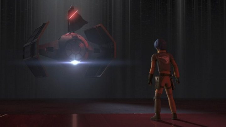 Vader descending atop his TIE Fighter in front of Ezra.