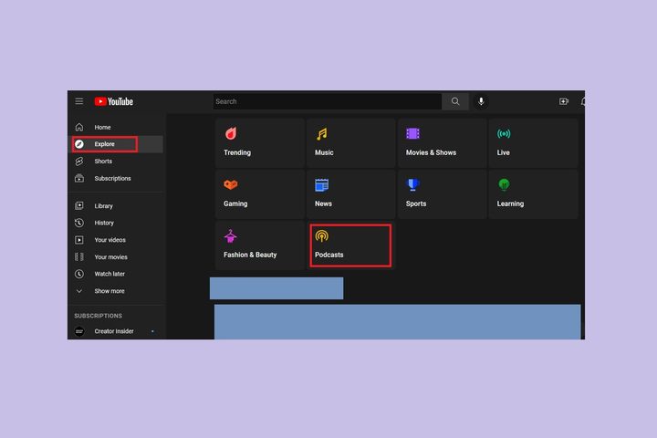 The YouTube Podcasts Explore page menu icon.