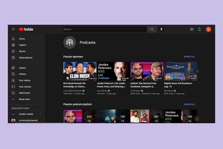 YouTube Podcasts Explore page on desktop web.