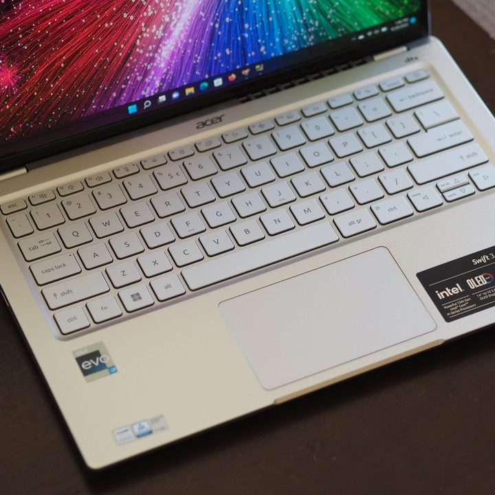 Acer Swift 3 OLED top down view showing keyboard and touchpad.