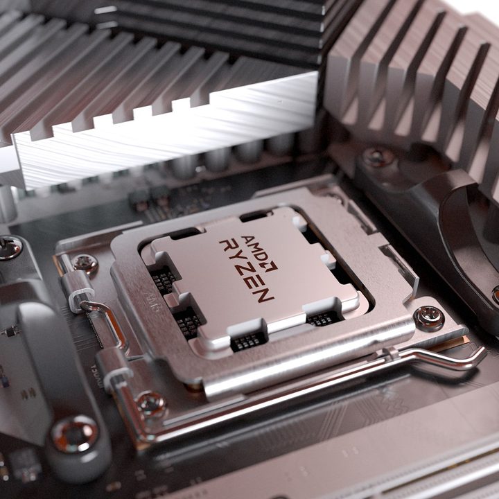 An AMD Ryzen 7000 processor slotted into a motherboard.