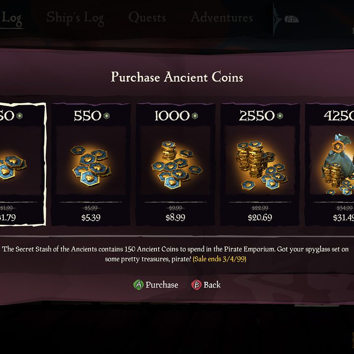Several different amounts of ancient coins are for sale in Sea of Thieves.