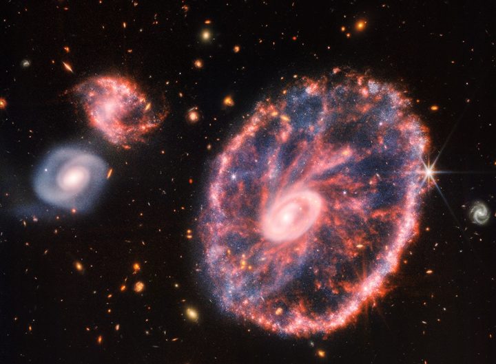 The Cartwheel Galaxy captured by the James Webb Space Telescope.
