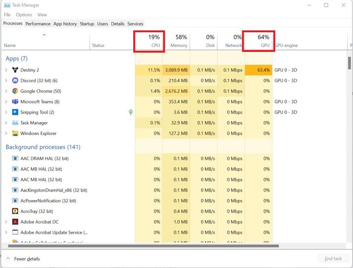 CPU and GPU usage in Destiny 2.