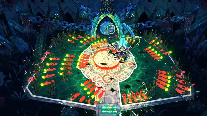 A boss shoots fireballs in every direction in Cult of the Lamb.