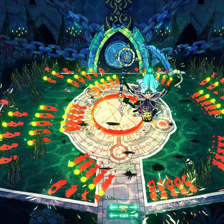 A boss shoots fireballs in every direction in Cult of the Lamb.