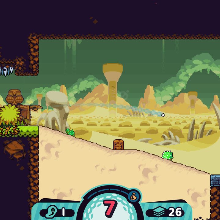 A golfer shoots a shot in the desert in Cursed to Golf.