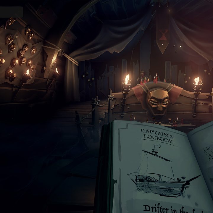 A stolen Logbook is being delivered to figure in a gold mask in Sea of Thieves