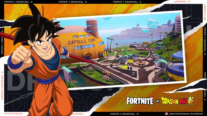 Goku in front of Capsule Corp in Fortnite.