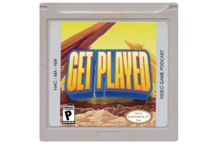 The Get Played podcast logo on a video game cartridge.