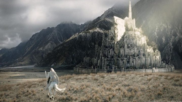 Gandalf on horseback headed for Minas Tirith