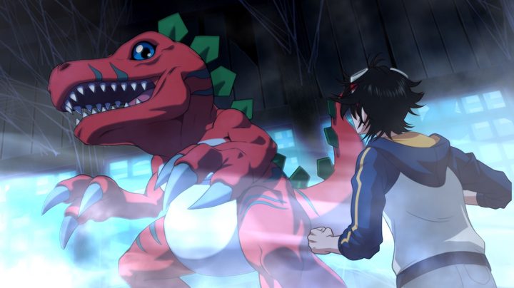 Takuma looking to Tyranomon in Digimon Survive.