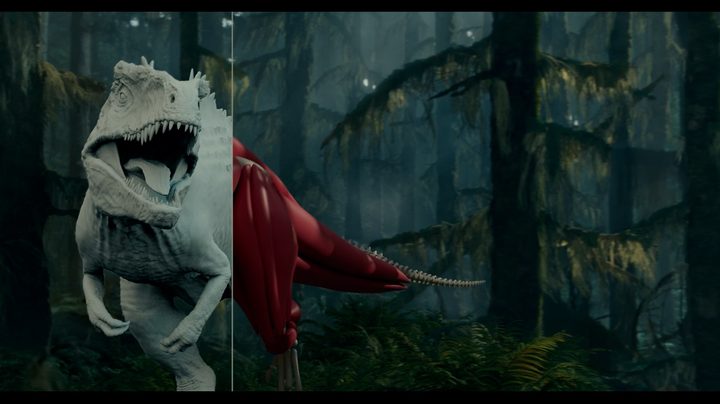 A visual effects design image of a Tyrannosaurus Rex from Jurassic World Dominion.